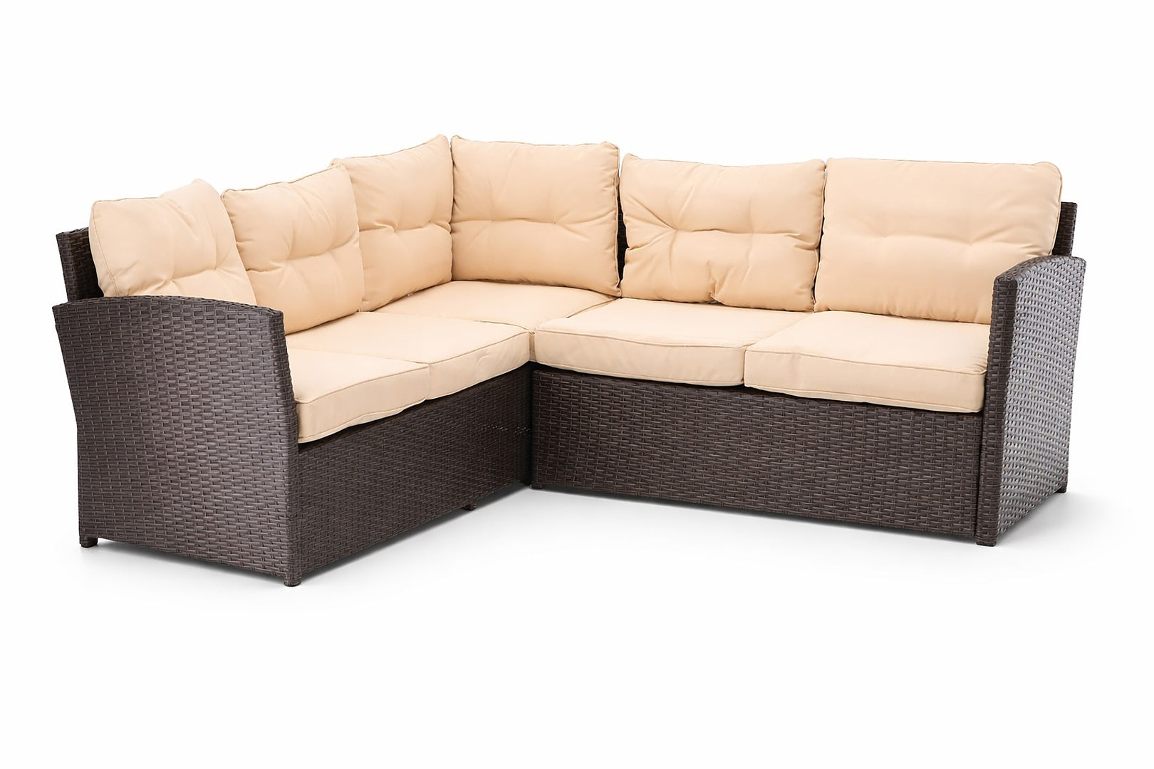 Set mobilier gradina coltar 5 piese, canapea colt, 2 tabureti si masa reglabila pe inaltime, ratan PE, 179x69x73 cm, maro si crem