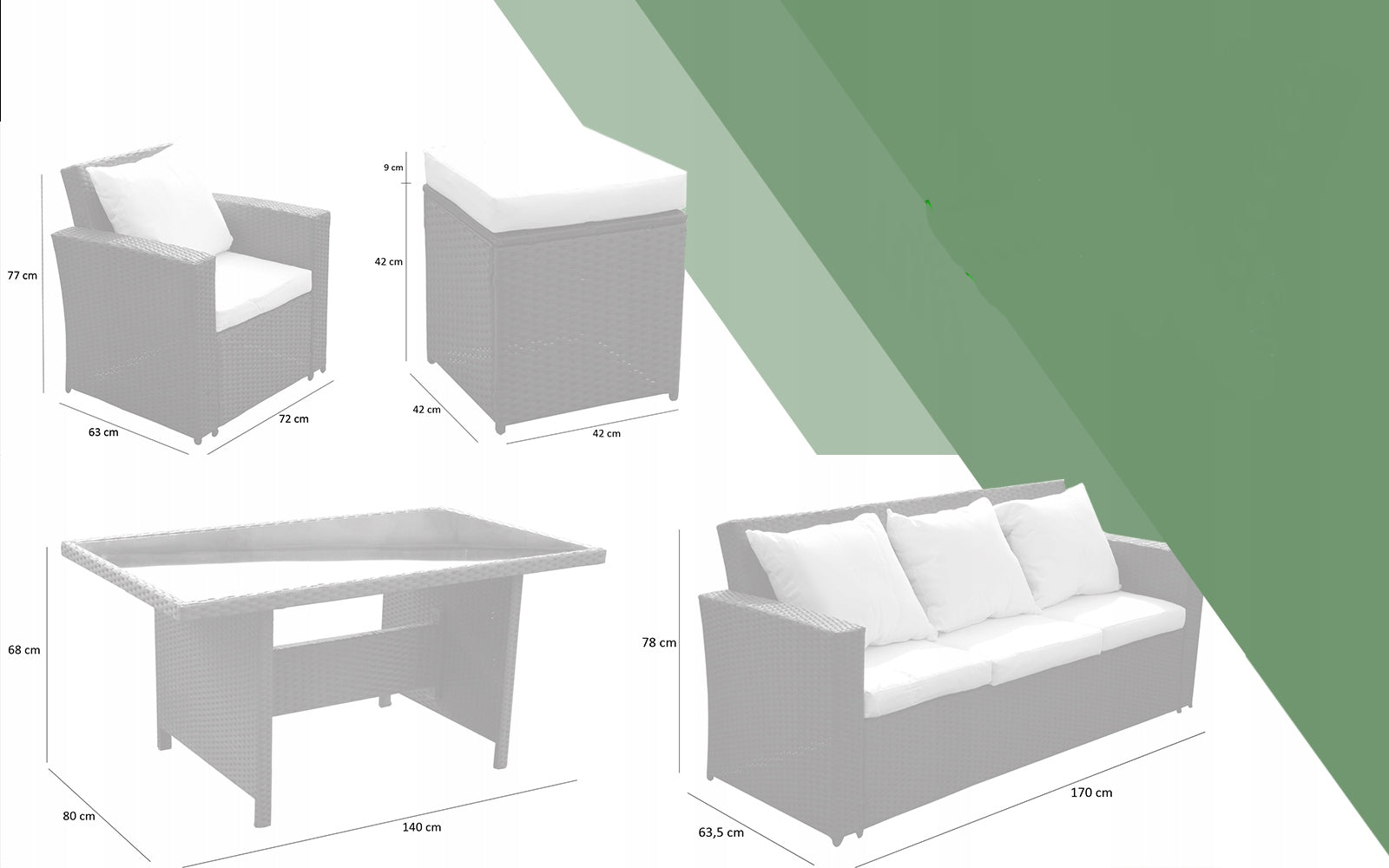 Set mobilier gradina 7 piese, canapea 3 locuri, 2 fotolii, 2 tabureti si masa cu blat de sticla, ratan PE, maro si bej