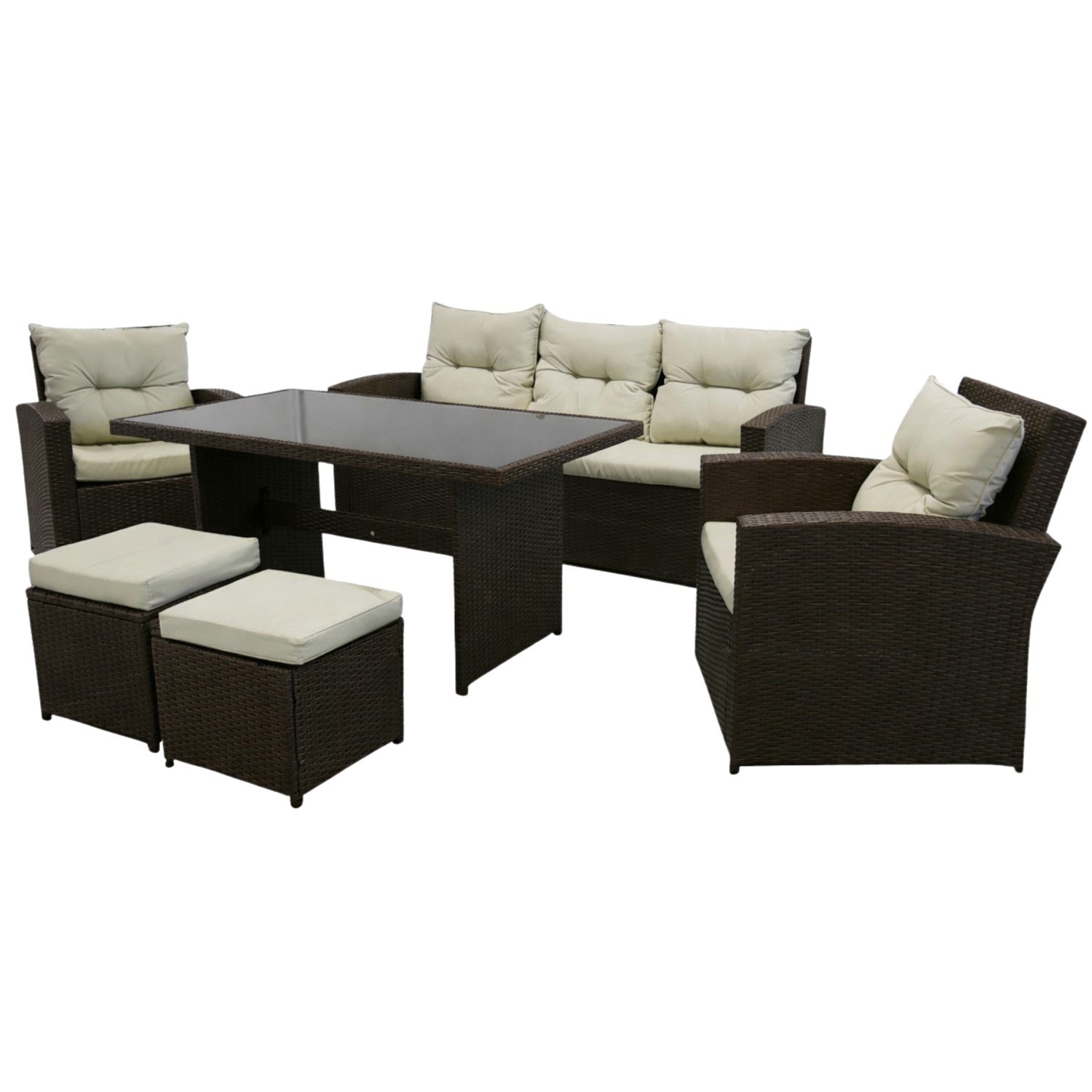 Set mobilier gradina 7 piese, canapea 3 locuri, 2 fotolii, 2 tabureti si masa cu blat de sticla, ratan PE, maro si bej