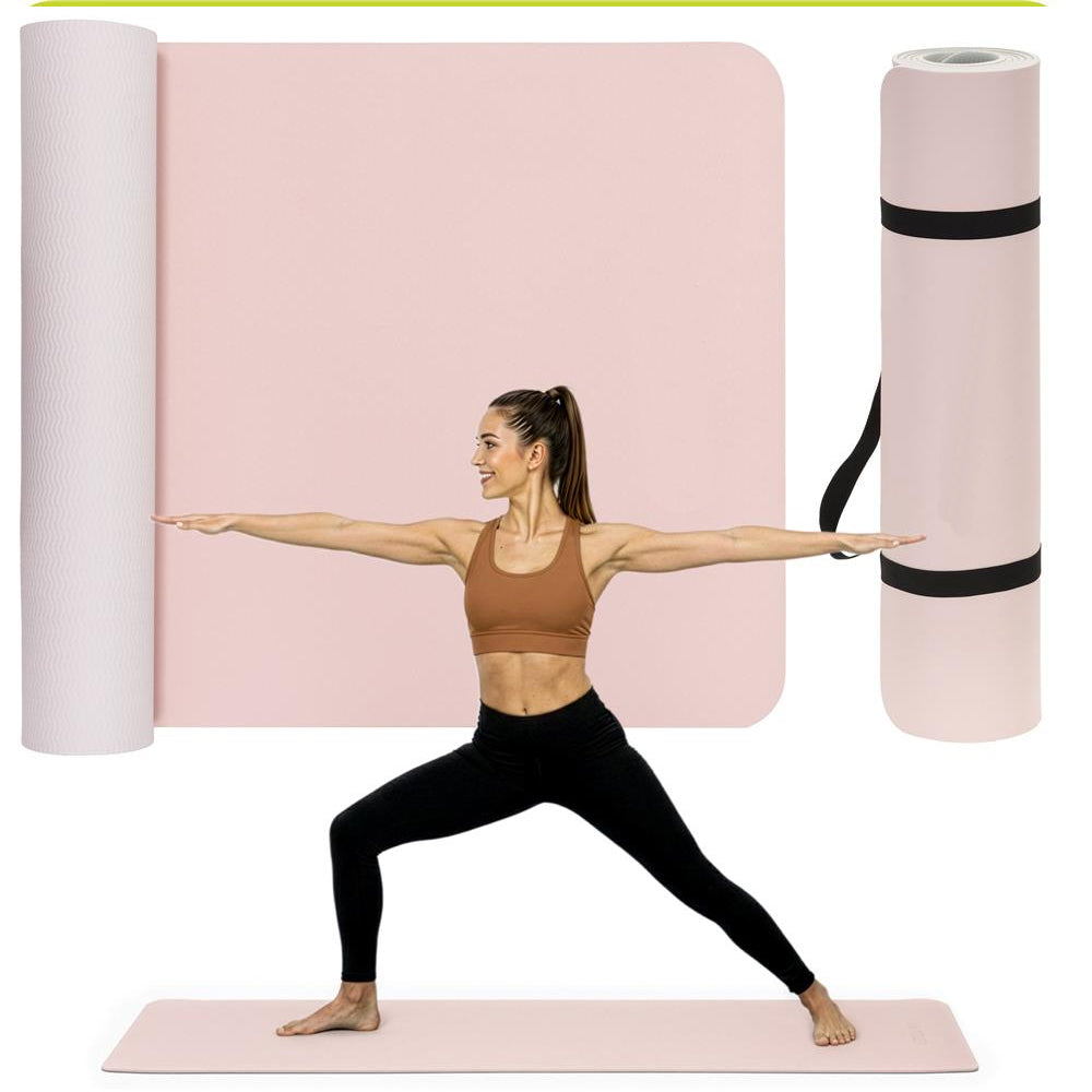 Saltea fitness antiderapanta din TPE, 183x61x1 cm, cu curea transport, roz