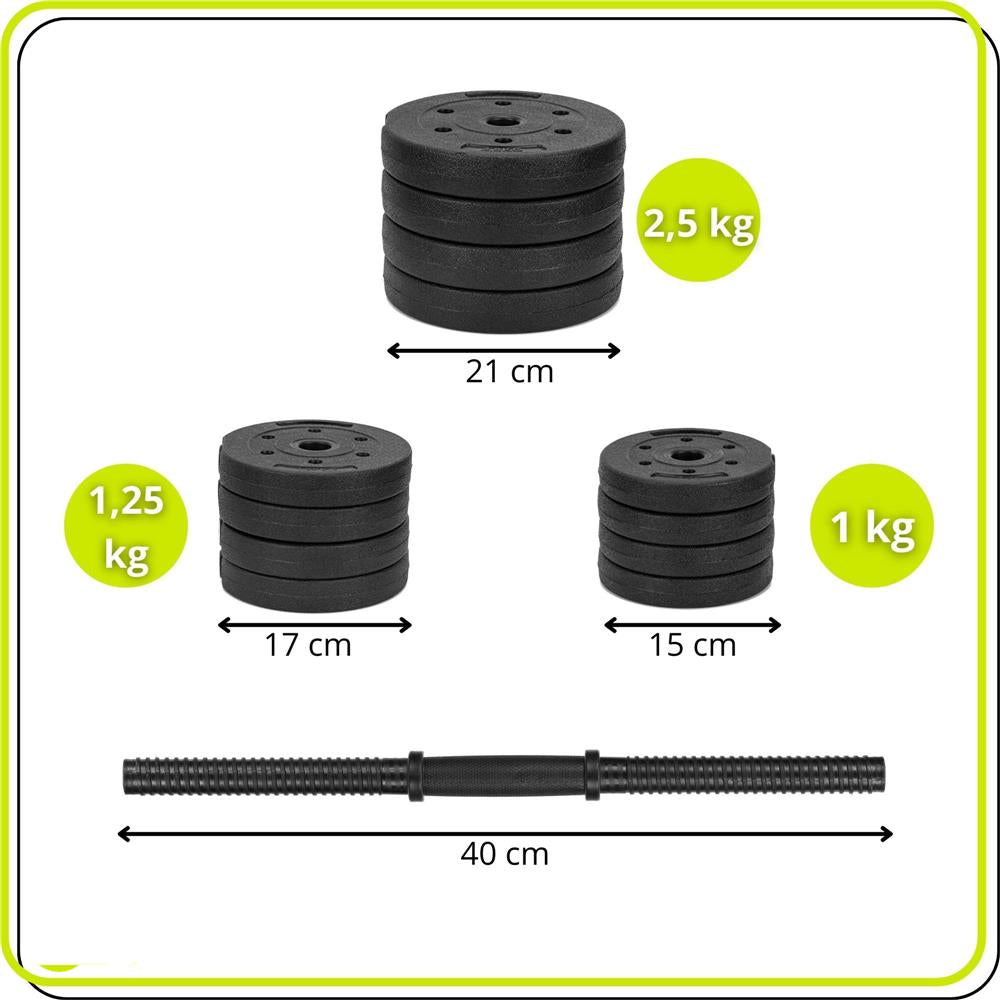 Set gantere si bara ajustabila 20 kg, 12 discuri, conector metalic cu spuma, negru