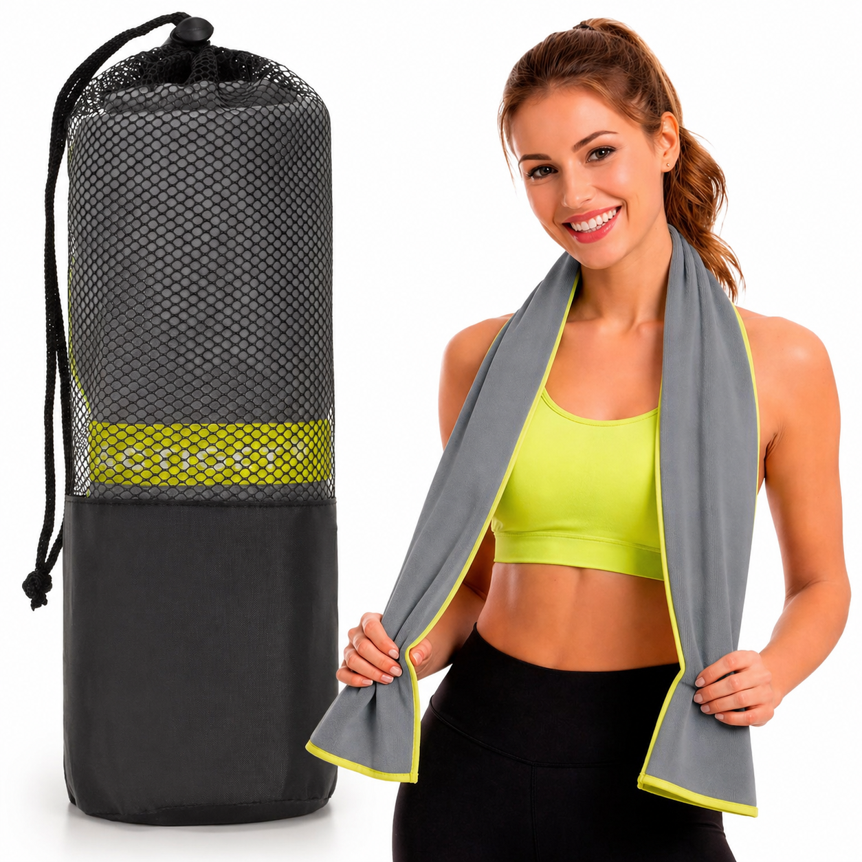 Prosop microfibra pentru plaja sau fitness, 180x100 cm, 200 GSM, uscare rapida, cu husa, gri