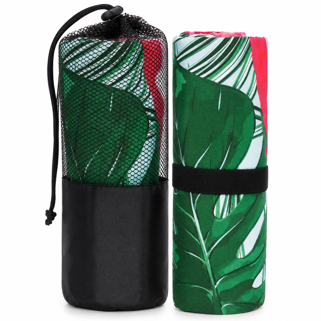 Prosop microfibra 180x100 cm, uscare rapida, compact, cu husa, model floral, verde si roz