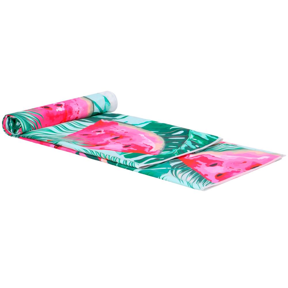 Prosop microfibra 180x100 cm, uscare rapida, compact, cu husa, model floral, verde si roz