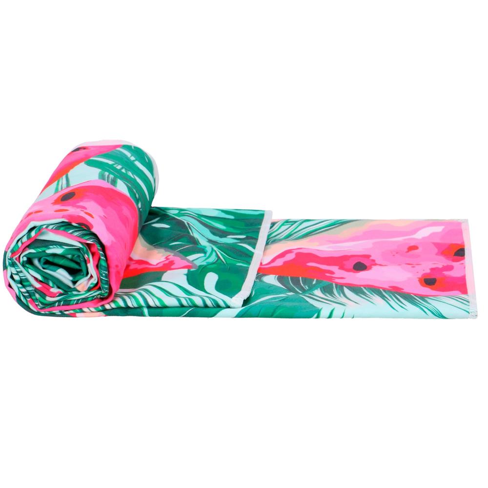 Prosop microfibra 180x100 cm, uscare rapida, compact, cu husa, model floral, verde si roz