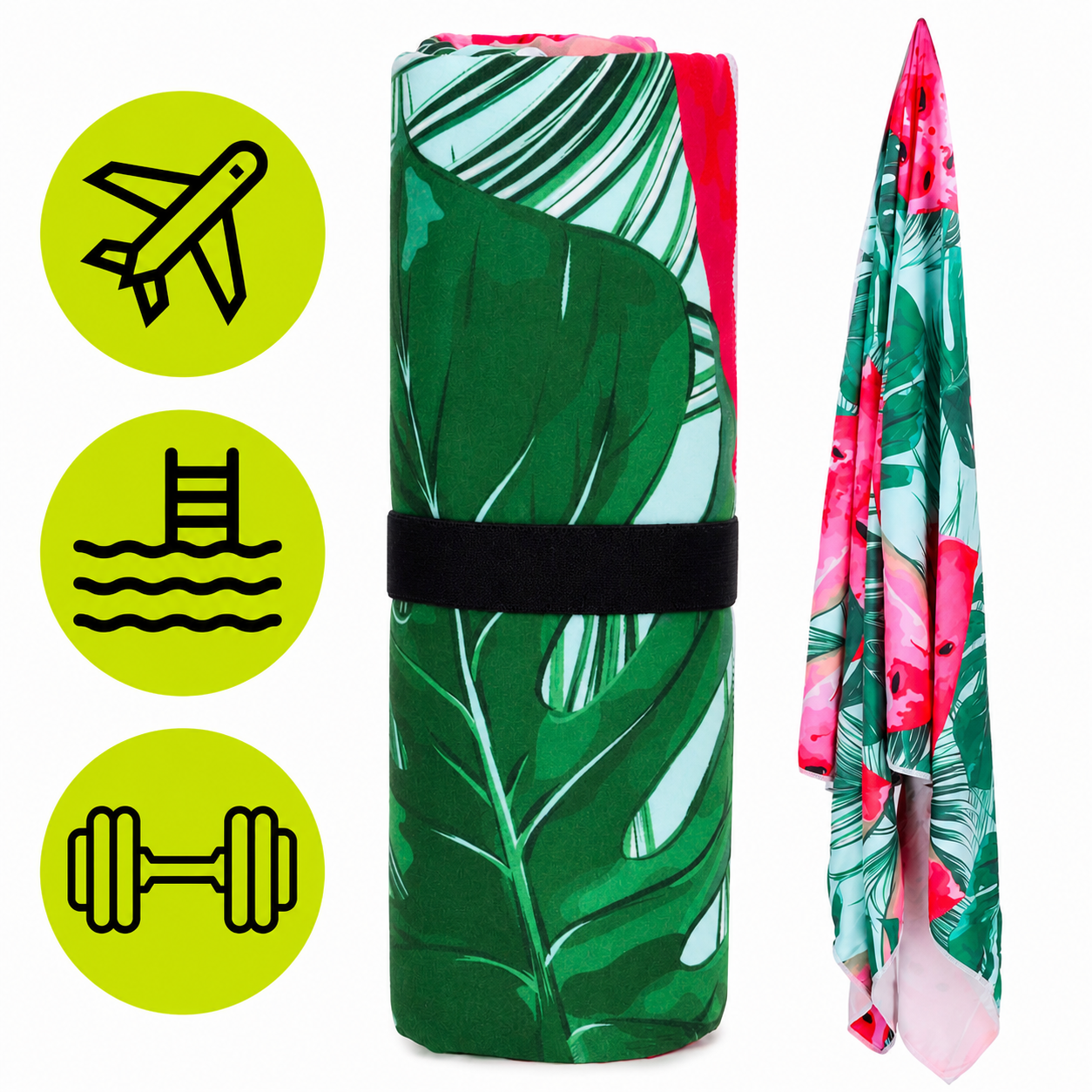 Prosop microfibra 180x100 cm, uscare rapida, compact, cu husa, model floral, verde si roz