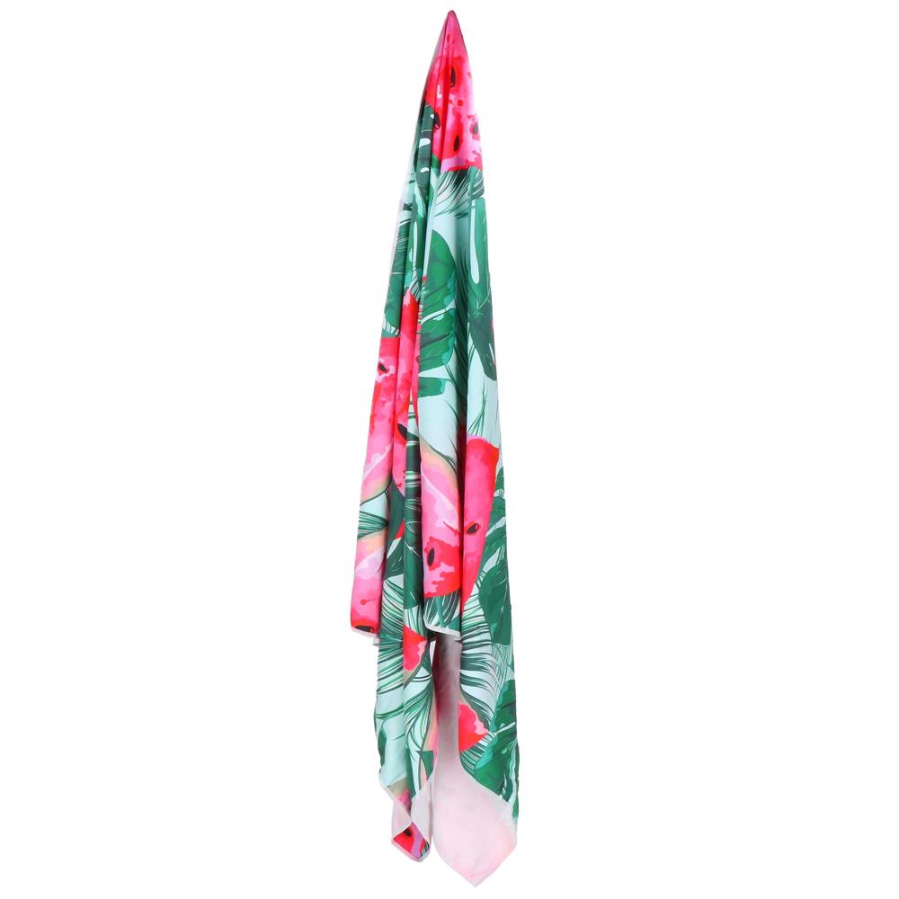 Prosop microfibra 180x100 cm, uscare rapida, compact, cu husa, model floral, verde si roz