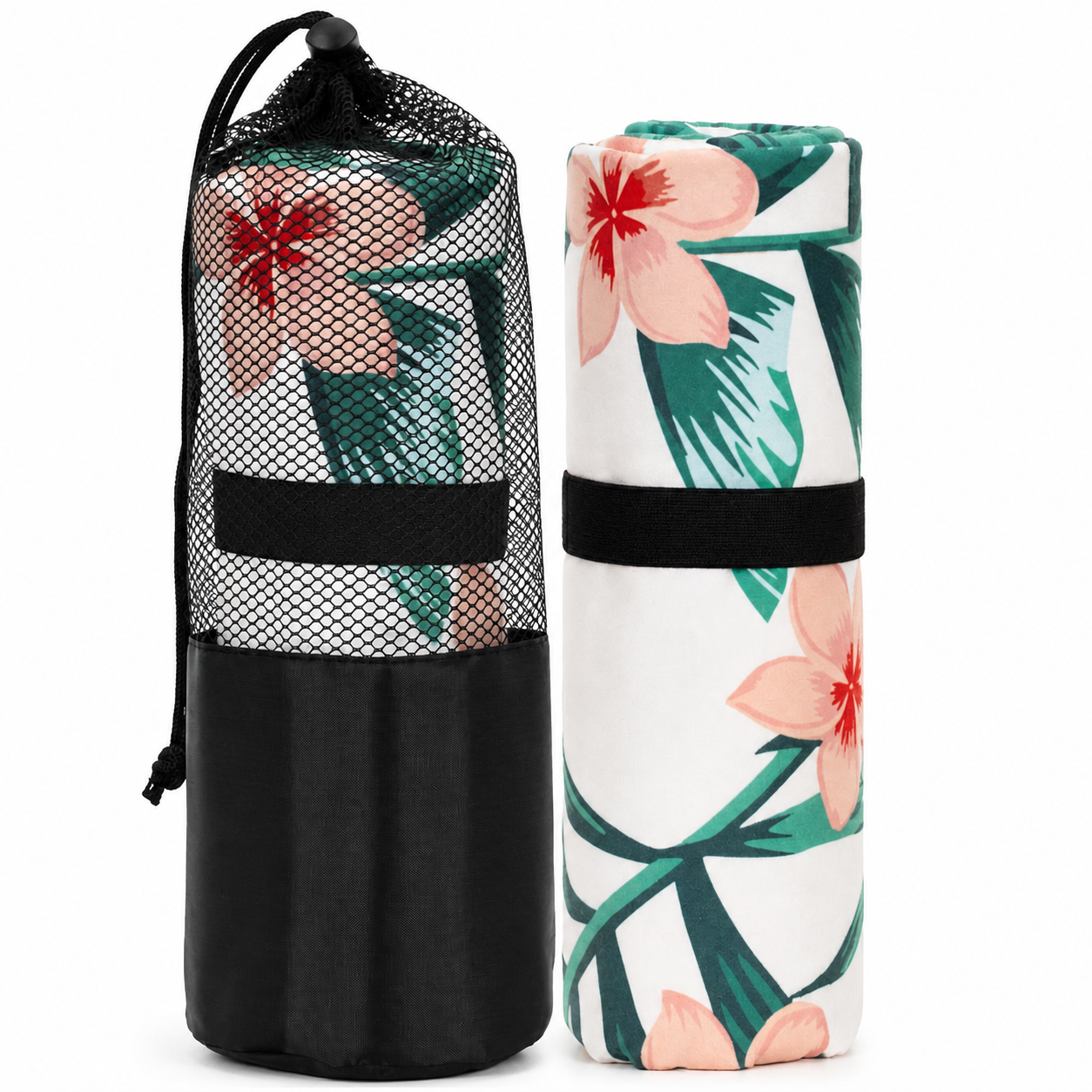 Prosop microfibra 180x100 cm, uscare rapida, compact, cu husa, model floral, alb si verde