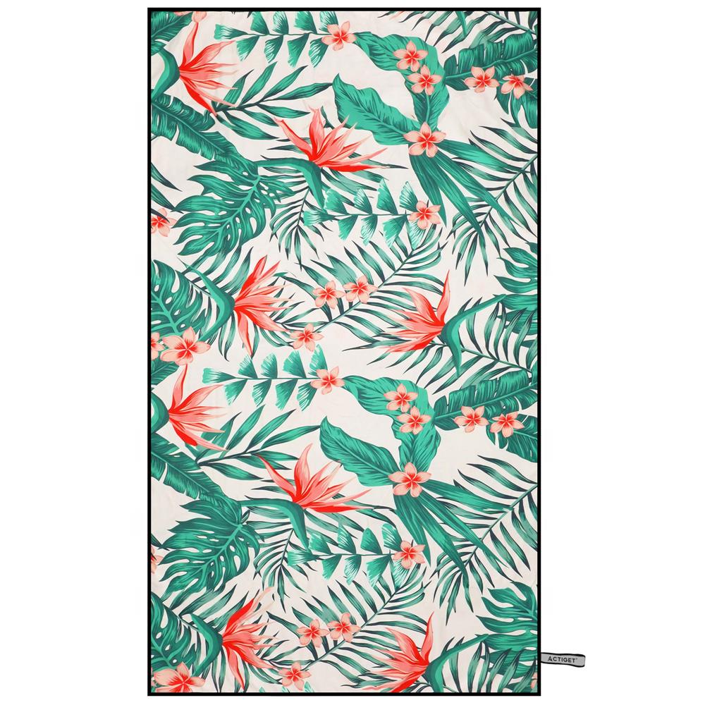 Prosop microfibra 180x100 cm, uscare rapida, compact, cu husa, model floral, alb si verde