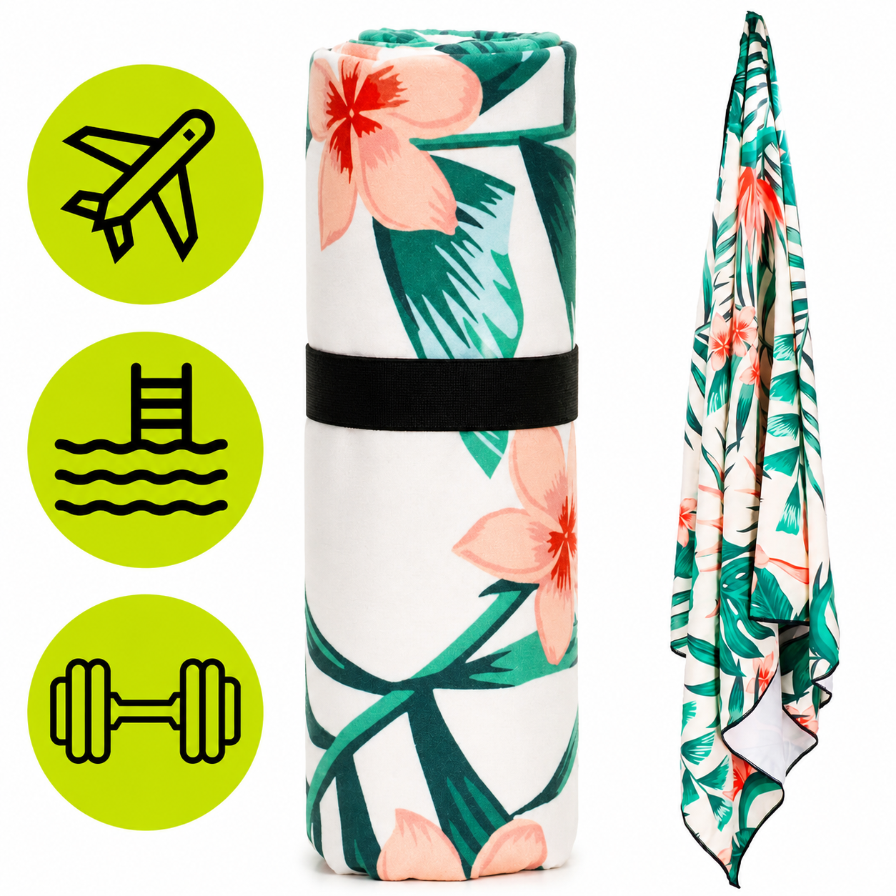 Prosop microfibra 180x100 cm, uscare rapida, compact, cu husa, model floral, alb si verde