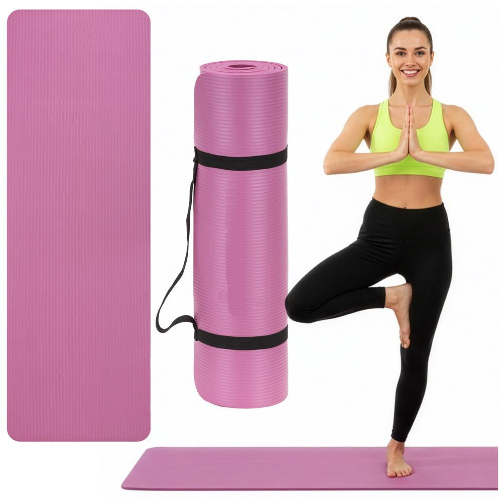 Saltea fitness antiderapanta din NBR, 183x61x1 cm, cu curea transport, roz