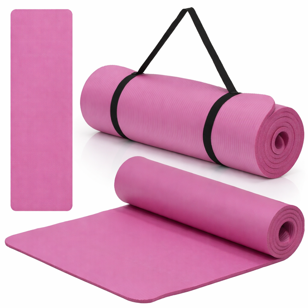 Saltea fitness antiderapanta din NBR, 183x61x1 cm, cu curea transport, roz