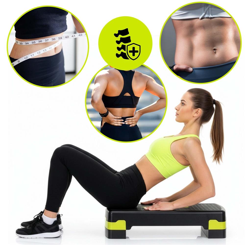 Stepper aerobic, ajustabil in 2 trepte, antiderapant, maxim 350 kg, 68x29x15 cm, negru si verde