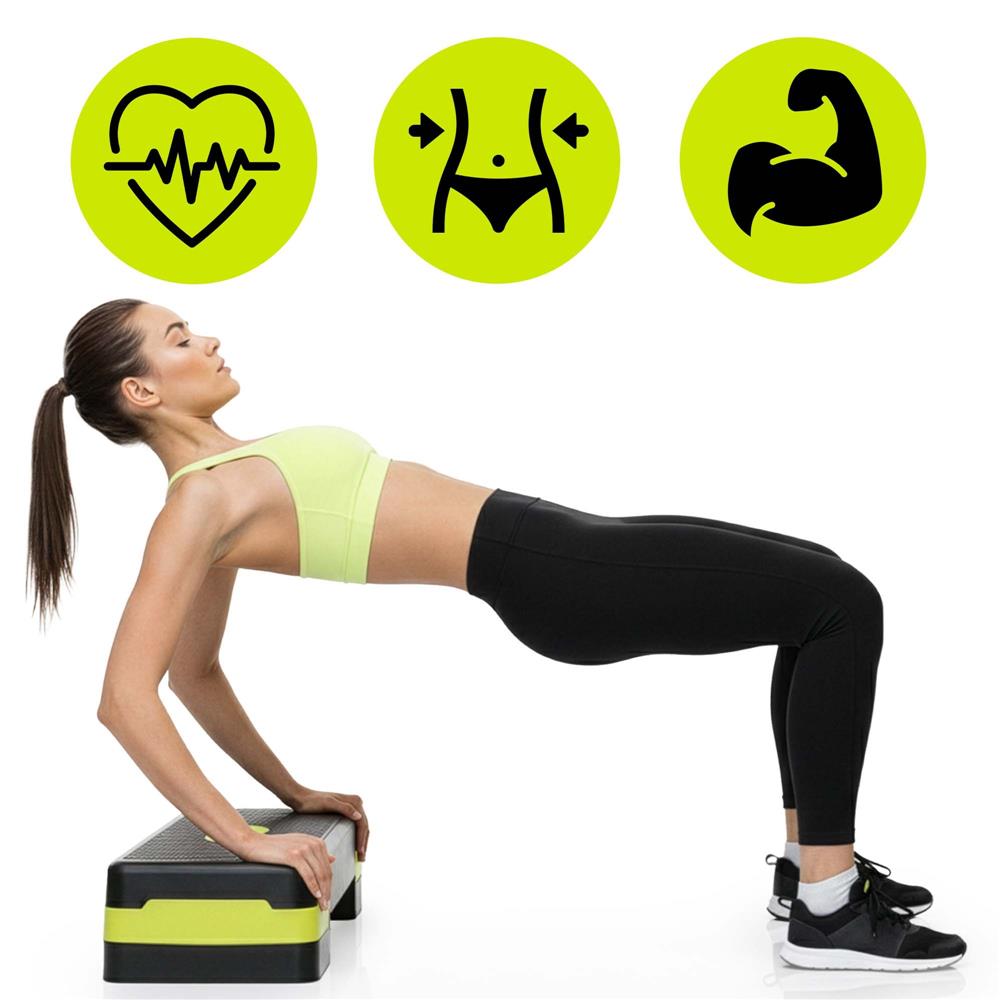 Stepper aerobic, ajustabil in 2 trepte, antiderapant, maxim 350 kg, 68x29x15 cm, negru si verde