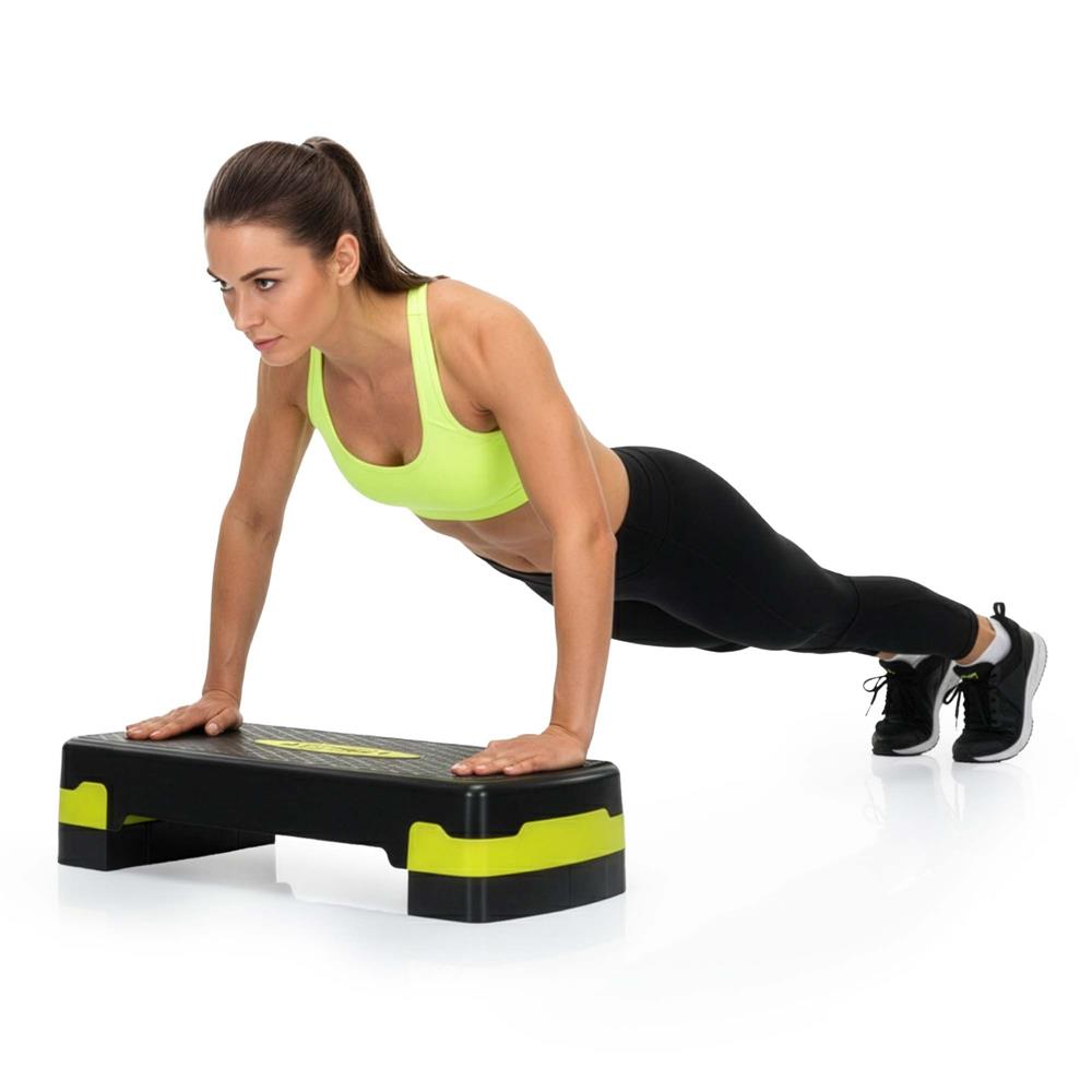 Stepper aerobic, ajustabil in 2 trepte, antiderapant, maxim 350 kg, 68x29x15 cm, negru si verde