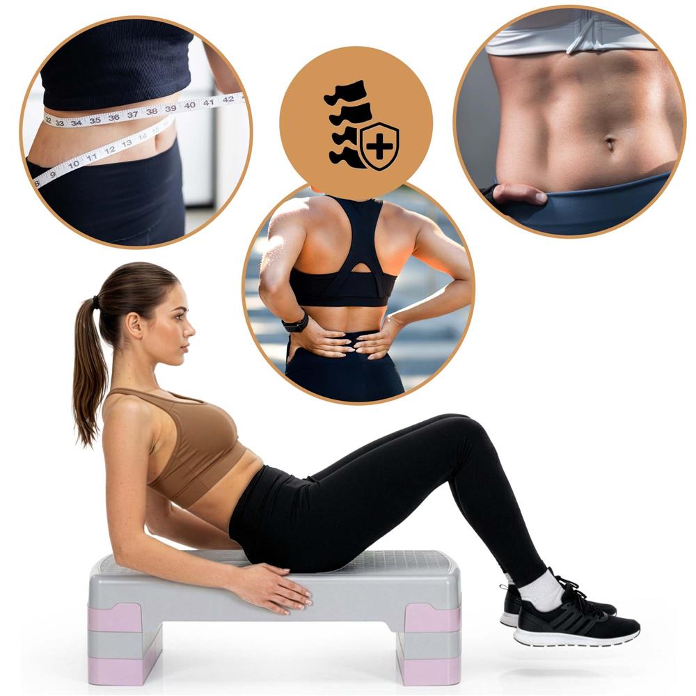 Stepper aerobic, ajustabil in 3 trepte, antiderapant, maxim 350 kg, 68x29x20 cm, gri si roz