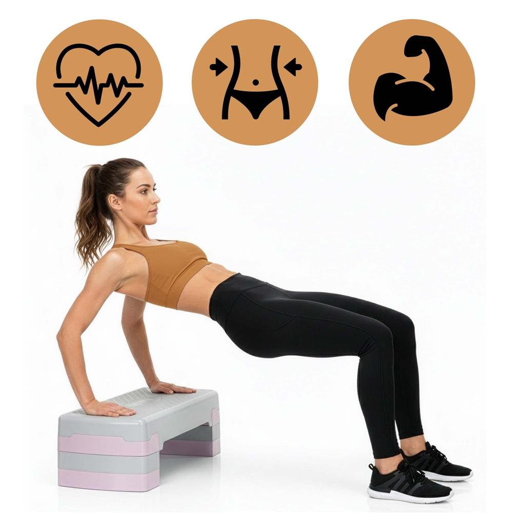 Stepper aerobic, ajustabil in 3 trepte, antiderapant, maxim 350 kg, 68x29x20 cm, gri si roz