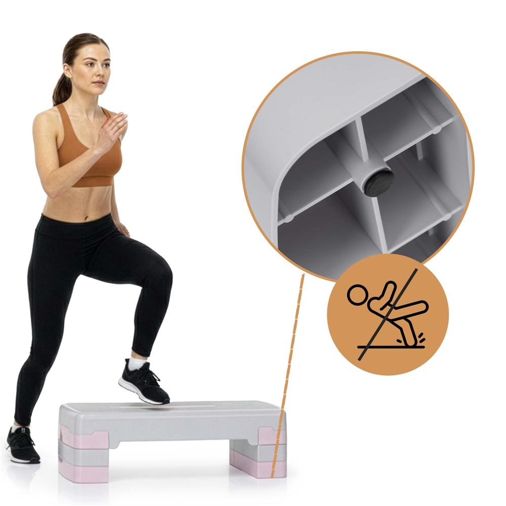 Stepper aerobic, ajustabil in 3 trepte, antiderapant, maxim 350 kg, 68x29x20 cm, gri si roz