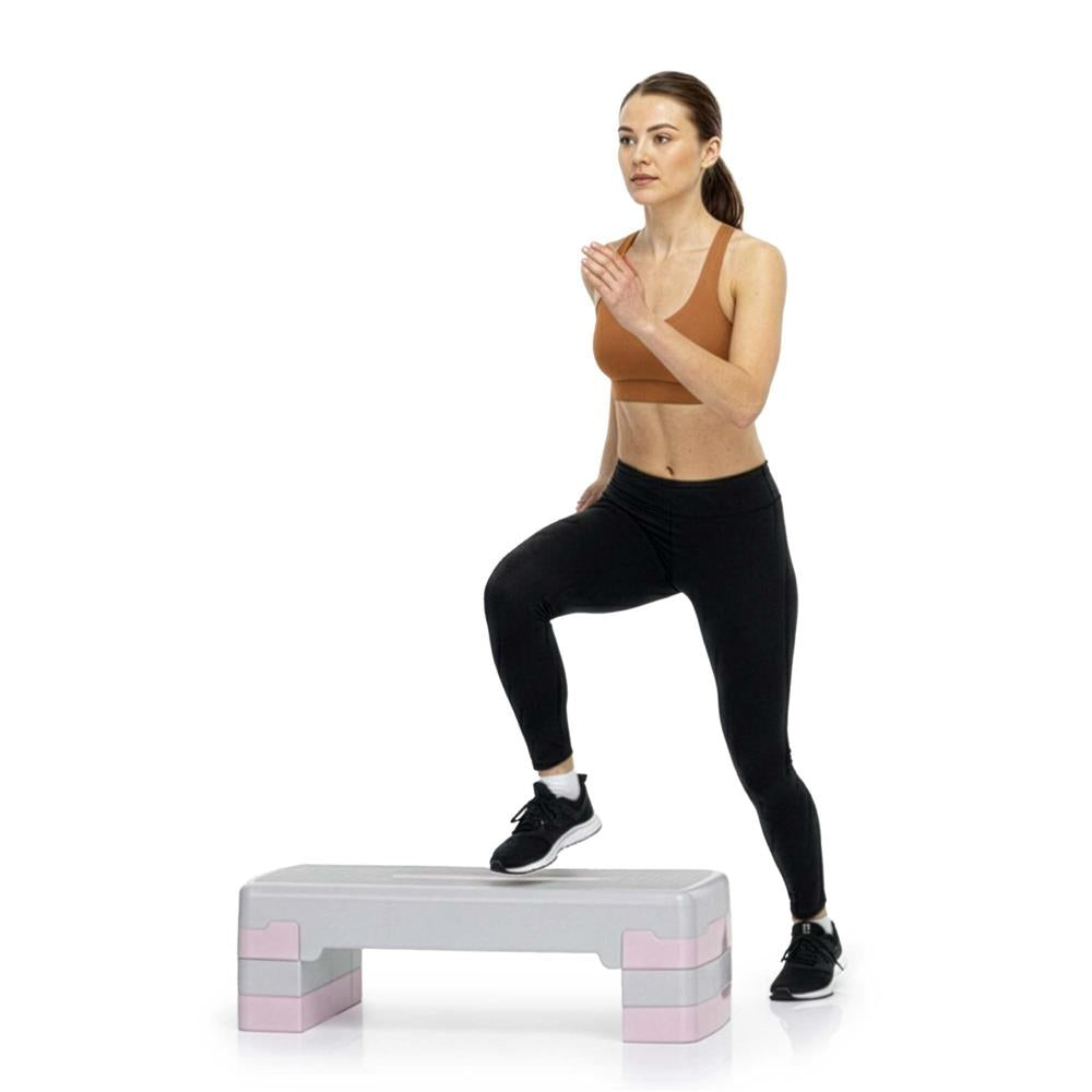 Stepper aerobic, ajustabil in 3 trepte, antiderapant, maxim 350 kg, 68x29x20 cm, gri si roz