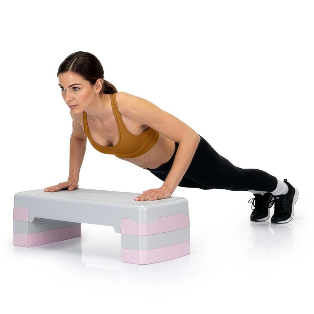 Stepper aerobic, ajustabil in 3 trepte, antiderapant, maxim 350 kg, 68x29x20 cm, gri si roz