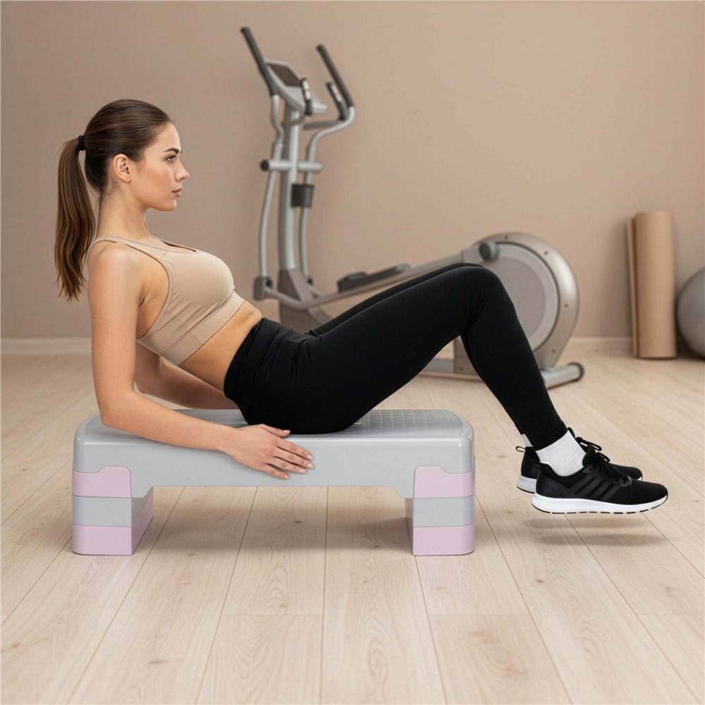 Stepper aerobic, ajustabil in 3 trepte, antiderapant, maxim 350 kg, 68x29x20 cm, gri si roz