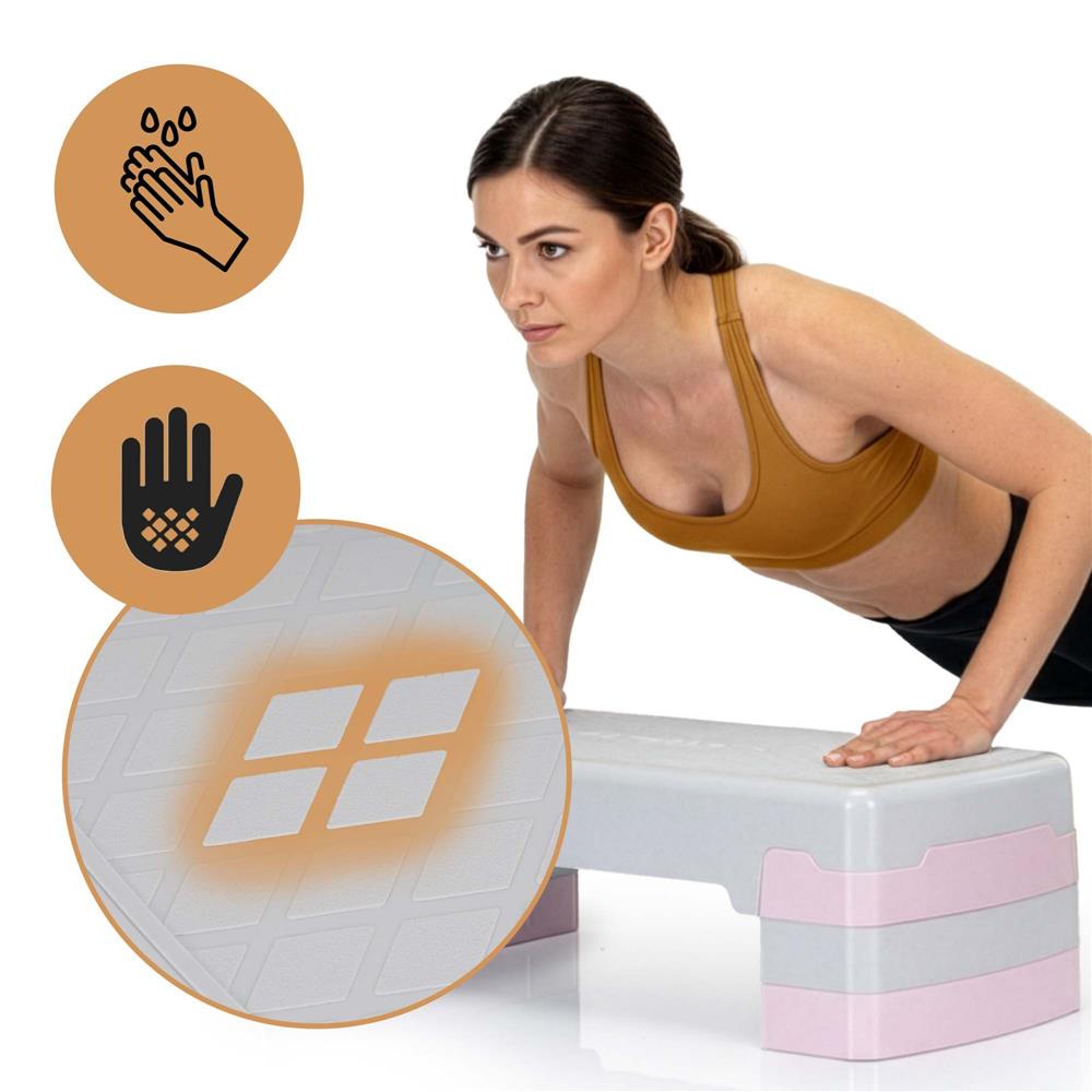 Stepper aerobic, ajustabil in 3 trepte, antiderapant, maxim 350 kg, 68x29x20 cm, gri si roz