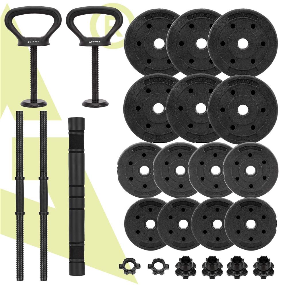 Set gantere, bara si kettlebell ajustabil 30 kg, 16 discuri, conector si suport dedicat, negru