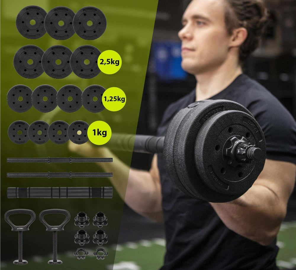 Set gantere, bara si kettlebell ajustabil 30 kg, 16 discuri, conector si suport dedicat, negru