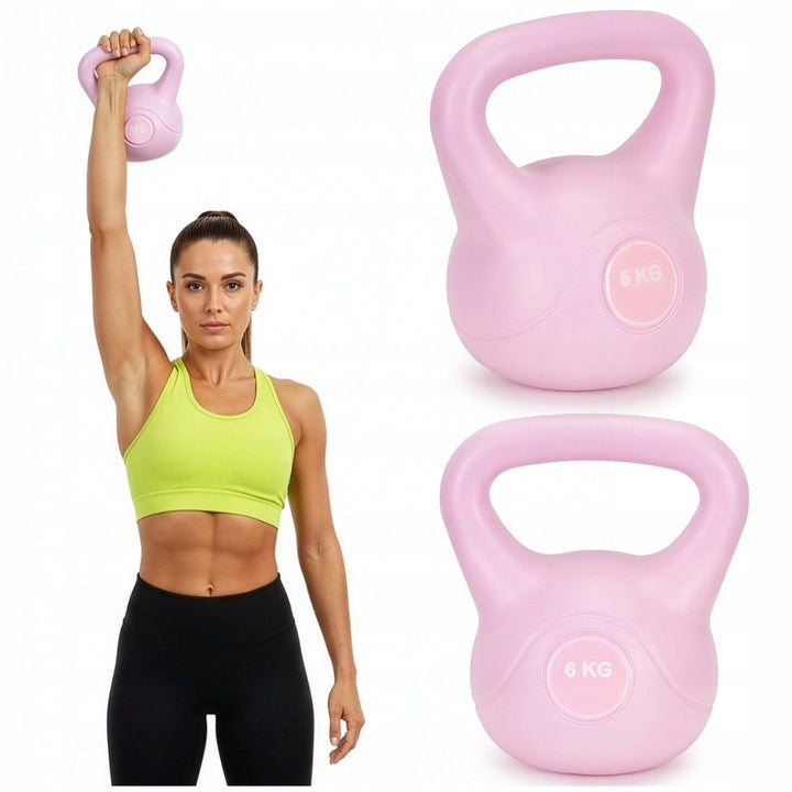 Kettlebell 6 kg, bitum cu invelis rezistent ABS, 21x24 cm, roz