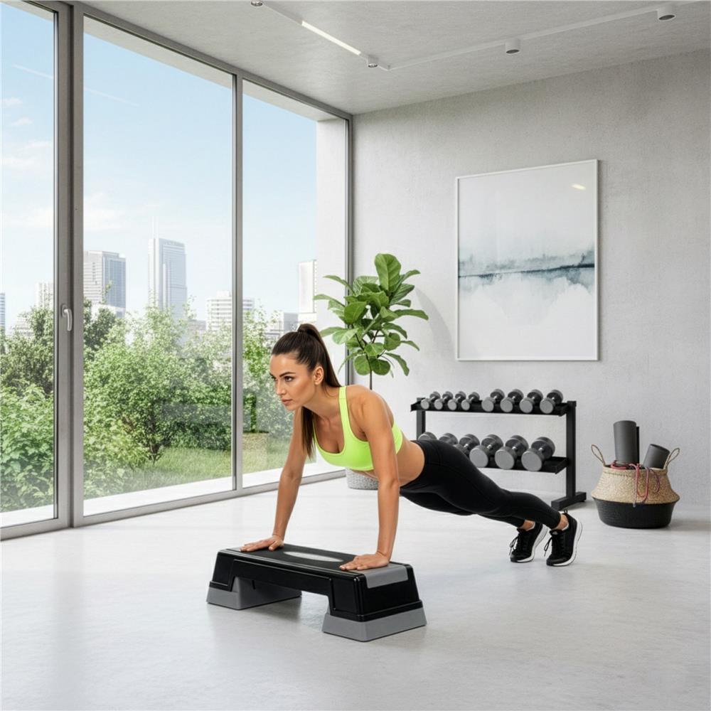 Step aerobic fitness reglabil 2 niveluri, PP, maxim 350 kg, 73x29x18 cm, negru gri