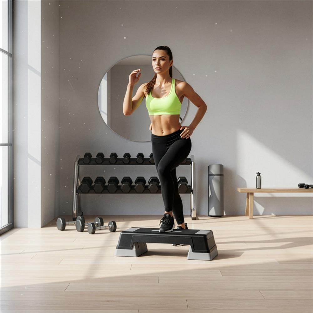 Step aerobic fitness reglabil 2 niveluri, PP, maxim 350 kg, 73x29x18 cm, negru gri