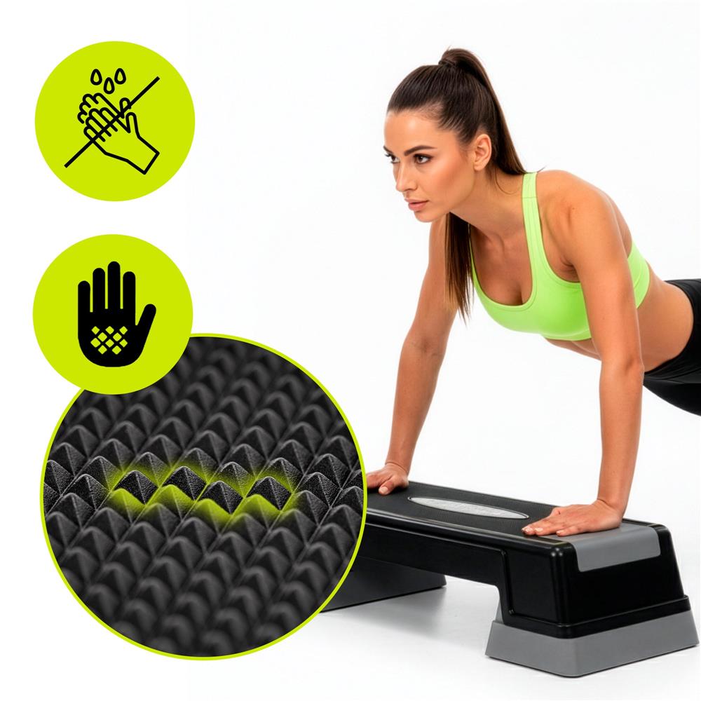 Step aerobic fitness reglabil 2 niveluri, PP, maxim 350 kg, 73x29x18 cm, negru gri