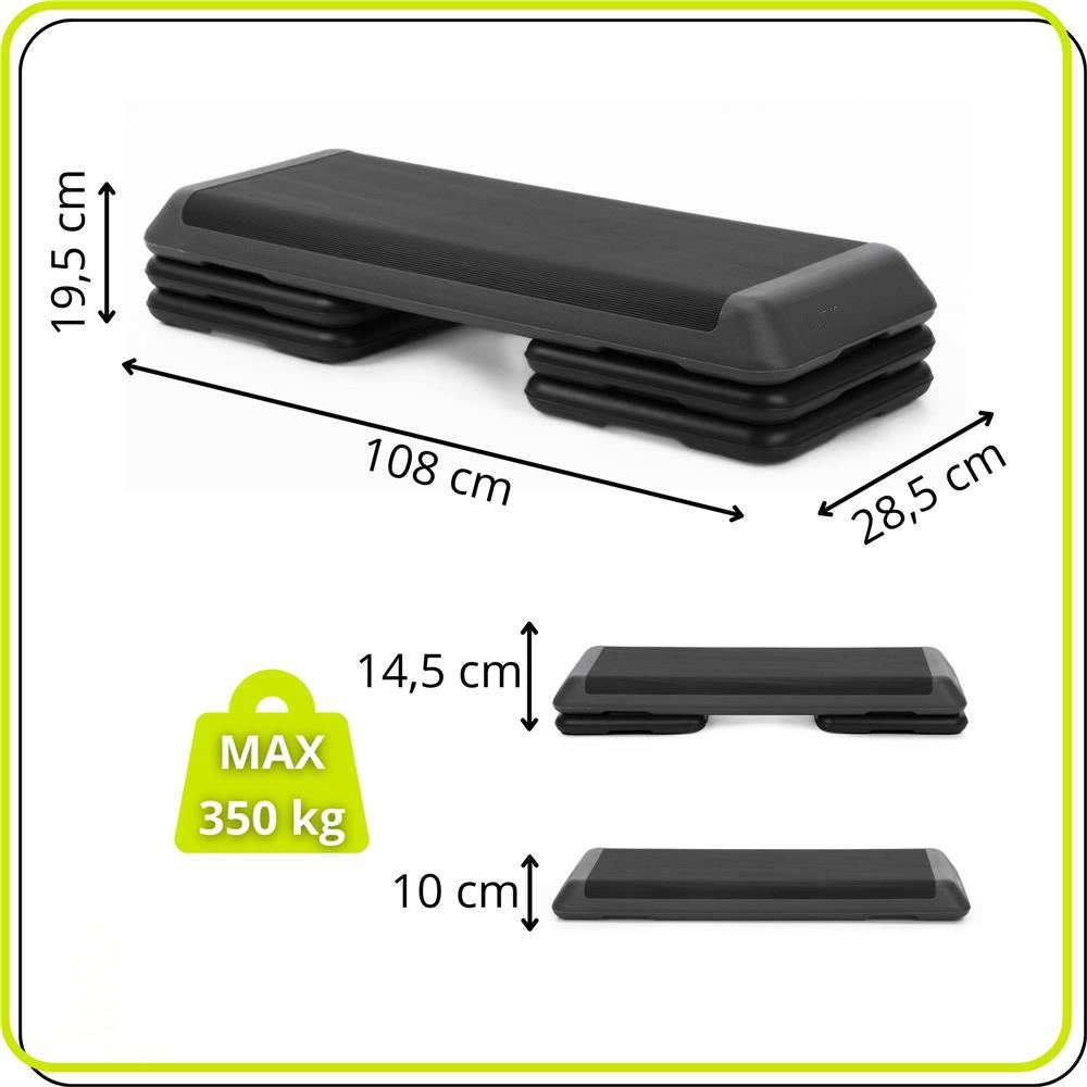 Stepper aerobic fitness profesional, reglabil 3 niveluri, PP, maxim 350 kg, 108x29x20 cm, negru gri