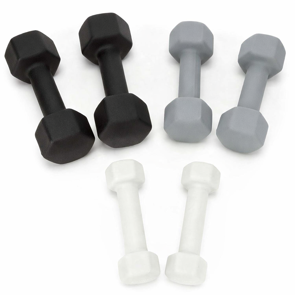 Set gantere din fonta cu invelis neopren, 12 kg cu suport, capete hexagonale, 2x1 kg 2x2 kg 2x3 kg, multicolor
