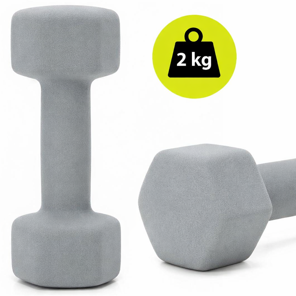 Set gantere din fonta cu invelis neopren, 12 kg cu suport, capete hexagonale, 2x1 kg 2x2 kg 2x3 kg, multicolor