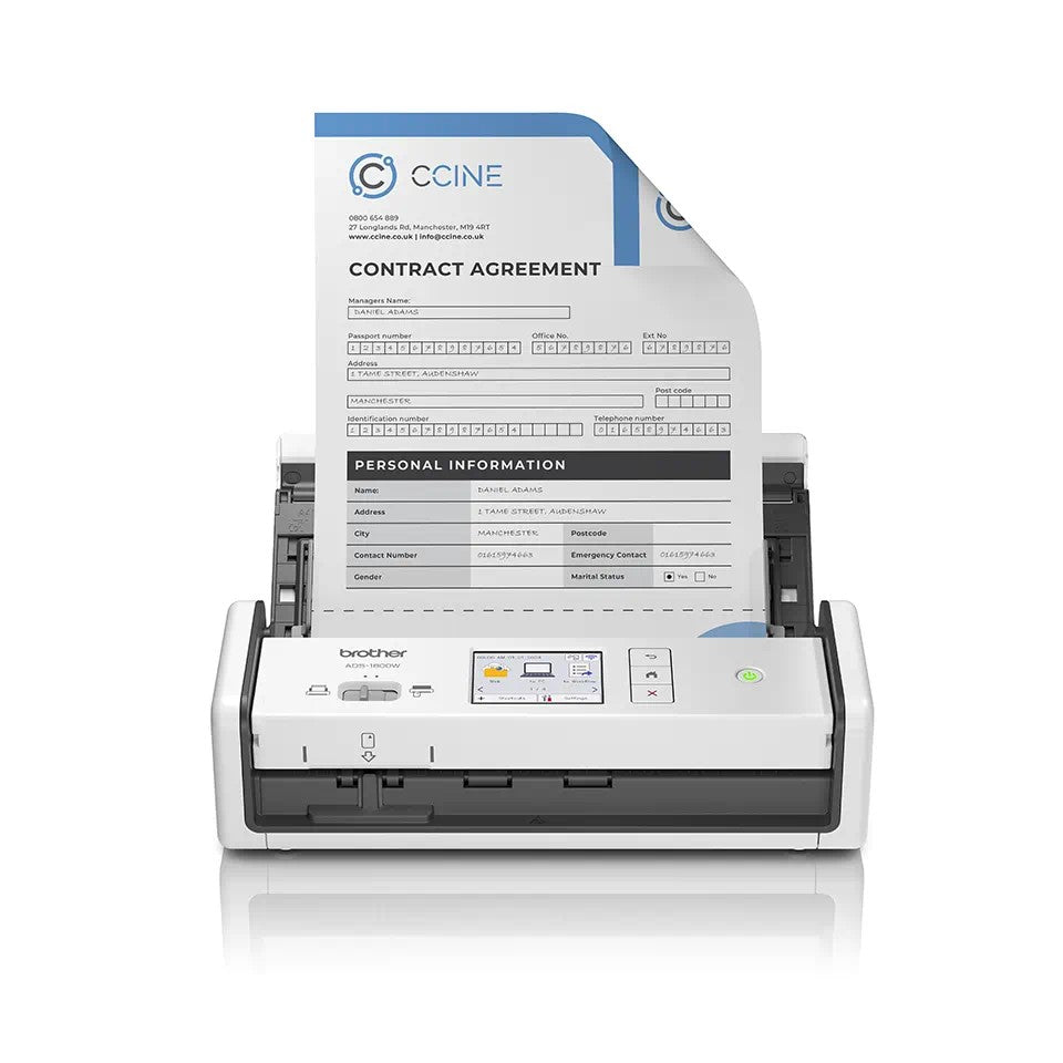 Scanner Portabil Compact BROTHER ADS-1800W, A4, Viteza de scanare duplex: 30ppm/60ipm, Optiuni: , Conectivitate:WiFI, Scanare ambele fete:Da, ADF:60coli "ADS1800WTC1"