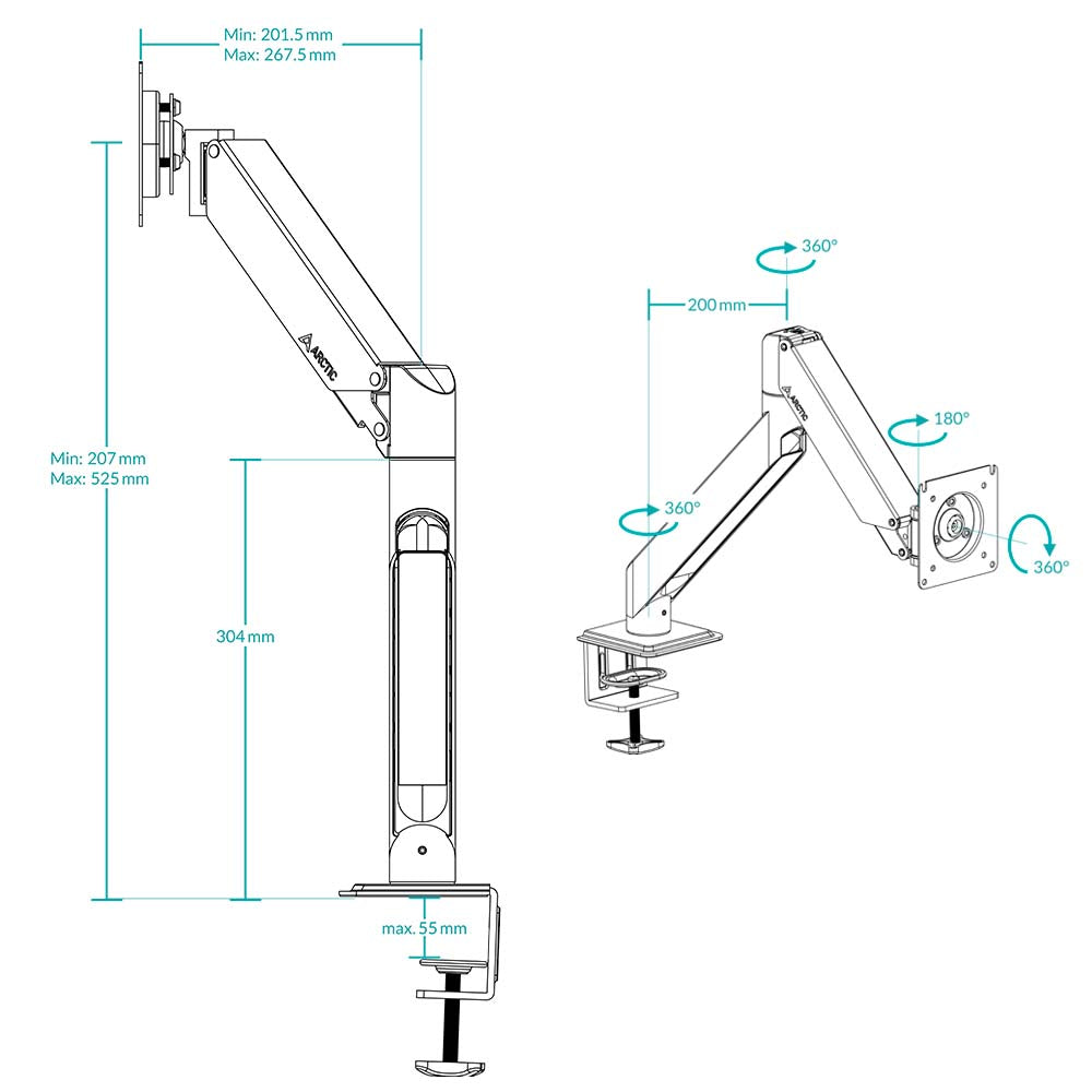 Suport monitor Arctic Arctic X1-3D - Single Monitor arm with complete 3D movement in black colour 