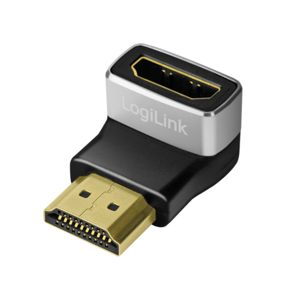 ADAPTOR video LOGILINK, HDMI (T) la HDMI (M), conectori auriti, rezolutie maxima 8K (7680 x 4320) la 60 Hz, 90 grade, negru-gri, "AH0005A"