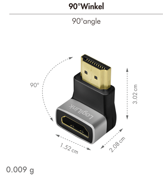 ADAPTOR video LOGILINK, HDMI (T) la HDMI (M), conectori auriti, rezolutie maxima 8K (7680 x 4320) la 60 Hz, 270 grade, negru-gri, "AH0007A"