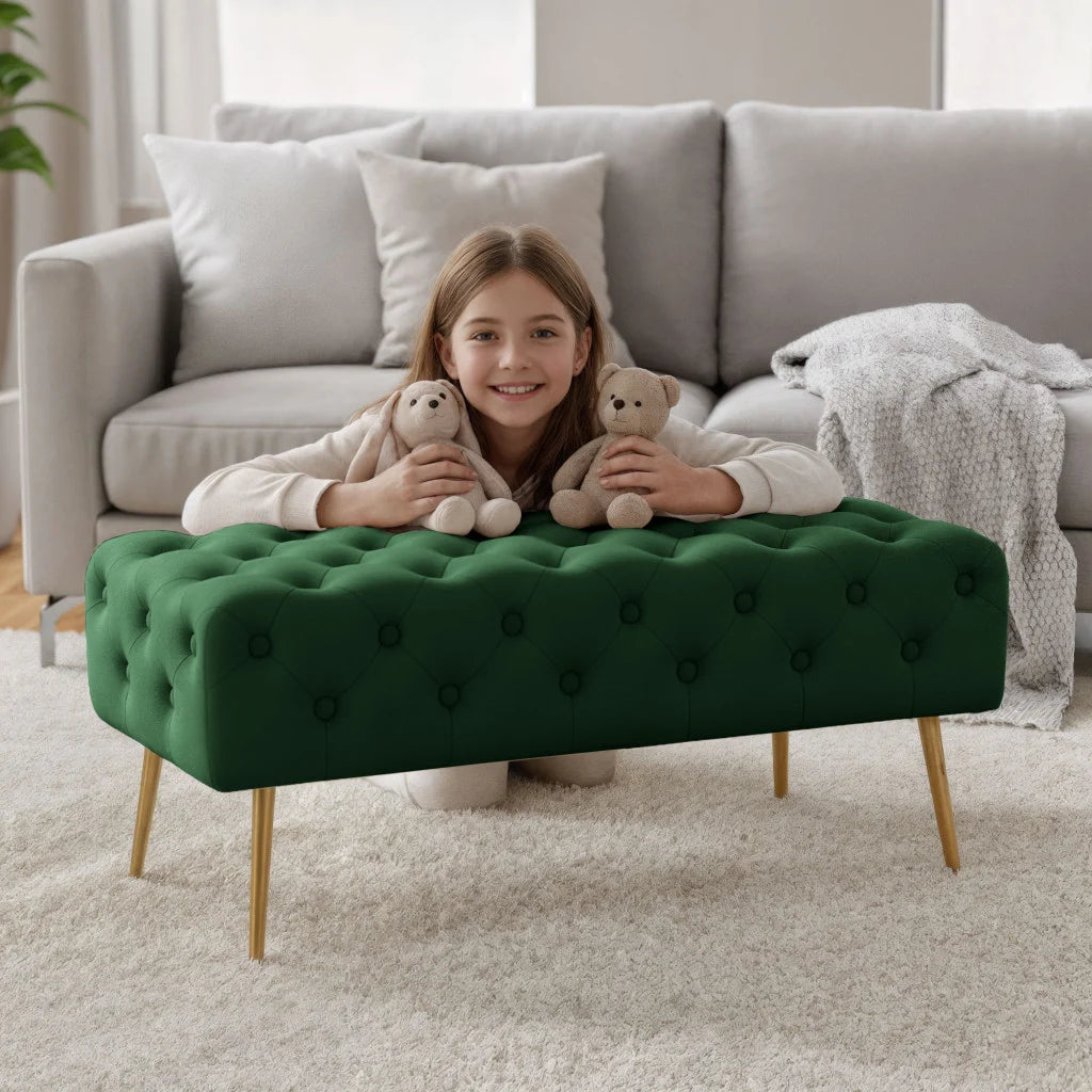Taburet Monaco, tapitat cu catifea, tip banca, cu picioare metalice, 100x42x41 cm, verde