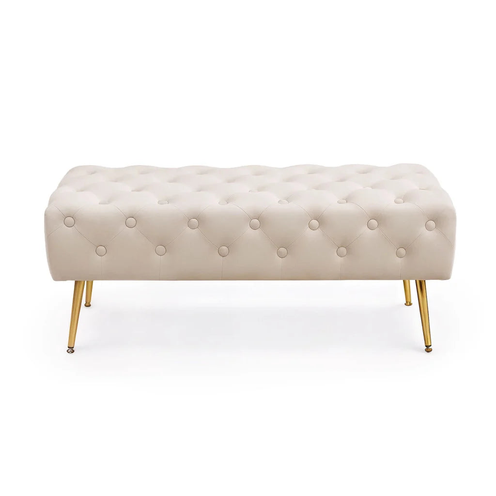 Taburet Monaco, tapitat cu catifea, tip banca, cu picioare metalice, 100x42x41 cm, bej