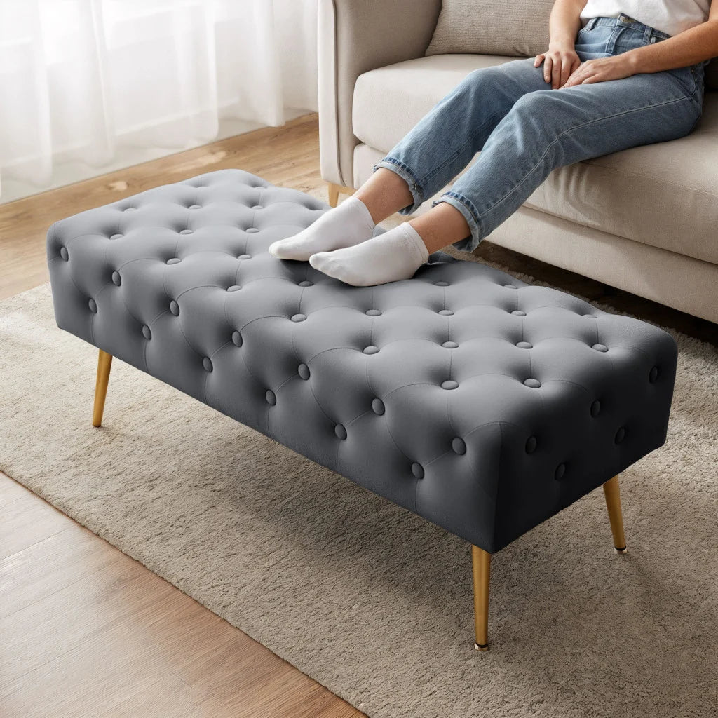 Taburet Monaco, tapitat cu catifea, tip banca, cu picioare metalice, 100x42x41 cm, gri