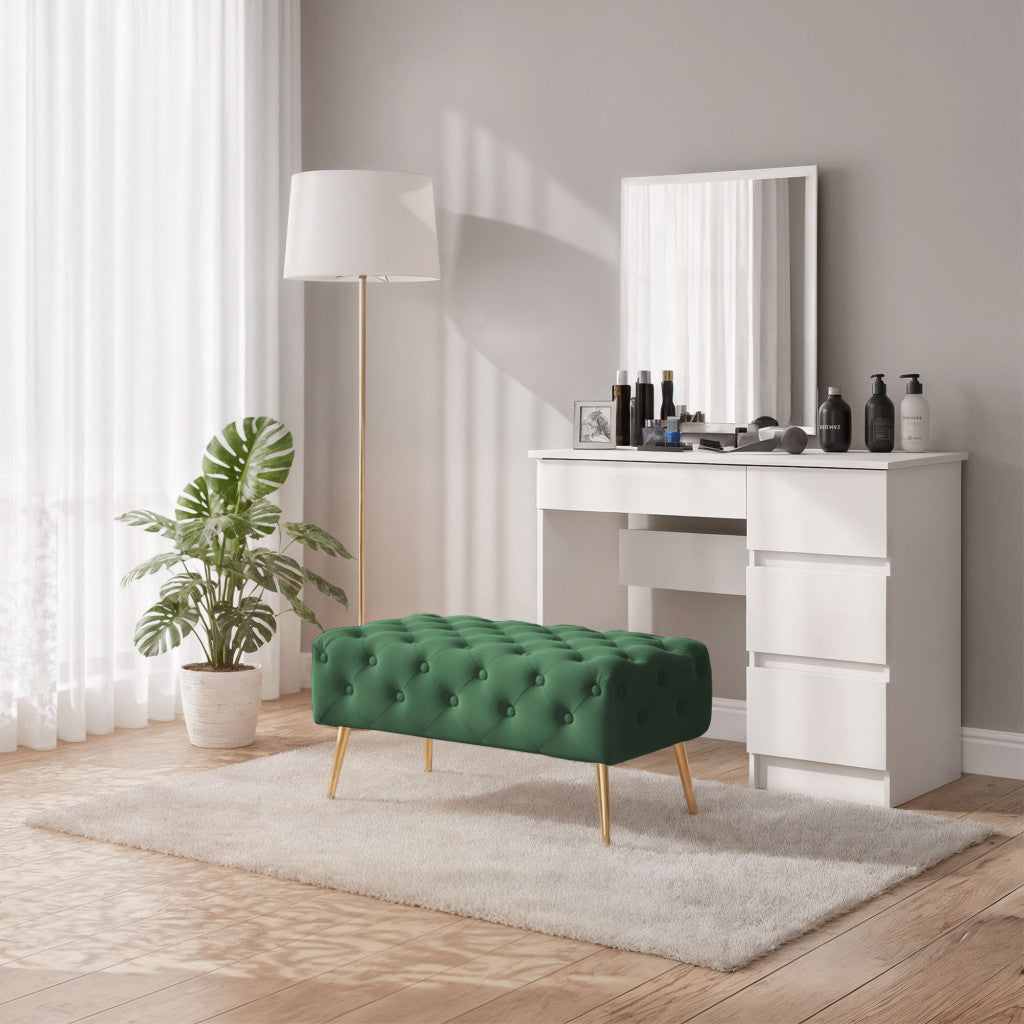 Taburet Madrid, tapitat cu catifea, tip banca, cu picioare metalice, 80x42x41 cm, verde
