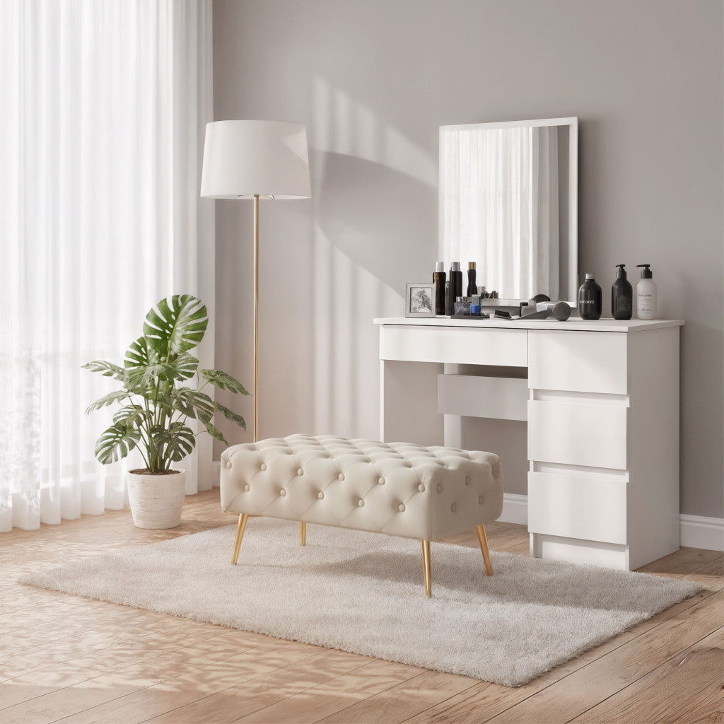 Taburet Madrid, tapitat cu catifea, tip banca, cu picioare metalice, 80x42x41 cm, bej