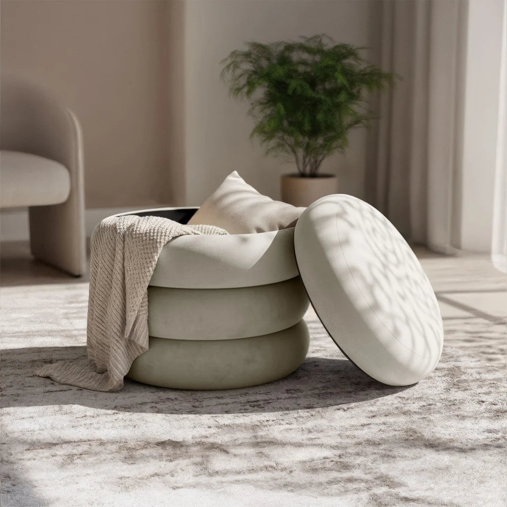 Taburet tapitat Snuggo cu spatiu de depozitare, velur, diametru 42 cm, inaltime 45 cm, crem