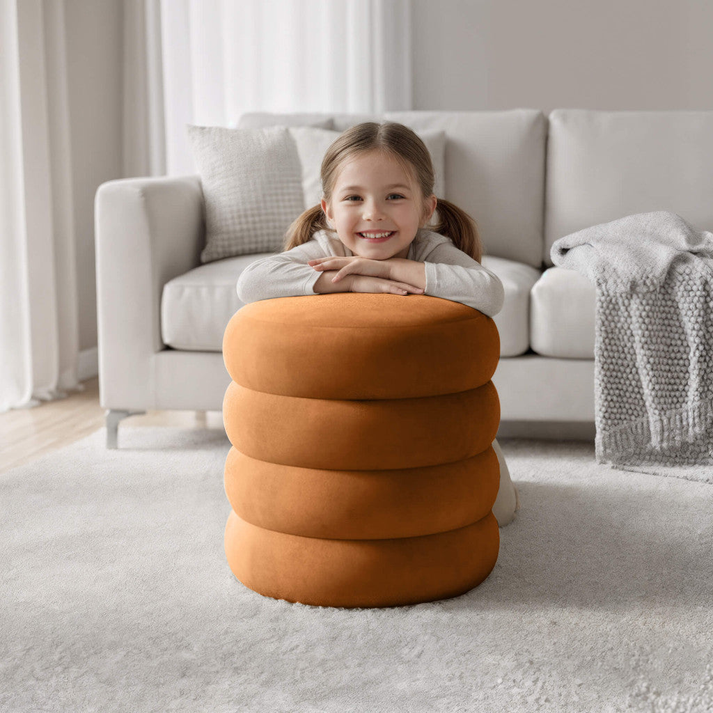 Taburet tapitat Snuggo cu spatiu de depozitare, velur, diametru 42 cm, inaltime 45 cm, portocaliu