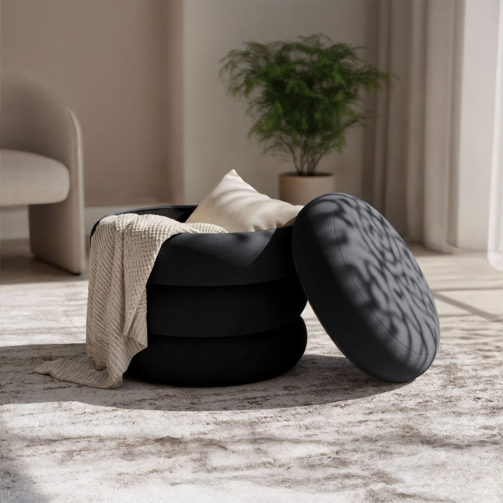Taburet tapitat Snuggo cu spatiu de depozitare, velur, diametru 42 cm, inaltime 45 cm, negru