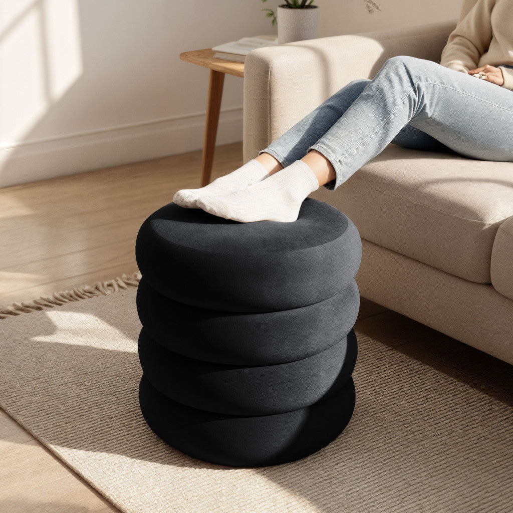 Taburet tapitat Snuggo cu spatiu de depozitare, velur, diametru 42 cm, inaltime 45 cm, negru