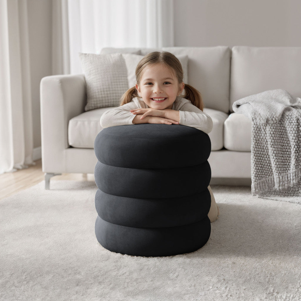 Taburet tapitat Snuggo cu spatiu de depozitare, velur, diametru 42 cm, inaltime 45 cm, negru