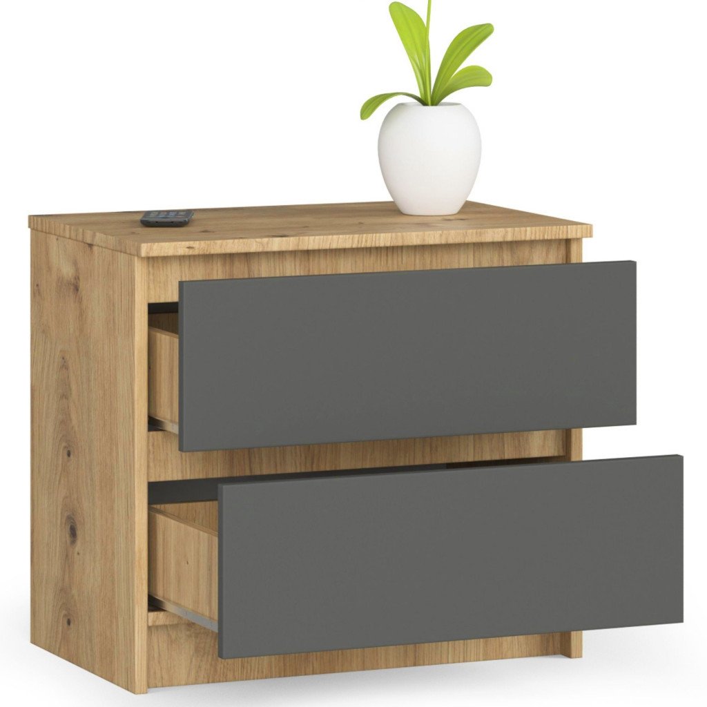 Noptiera cu 2 sertare din PAL laminat 16 mm, 60x40x55 cm, stejar artisan si gri